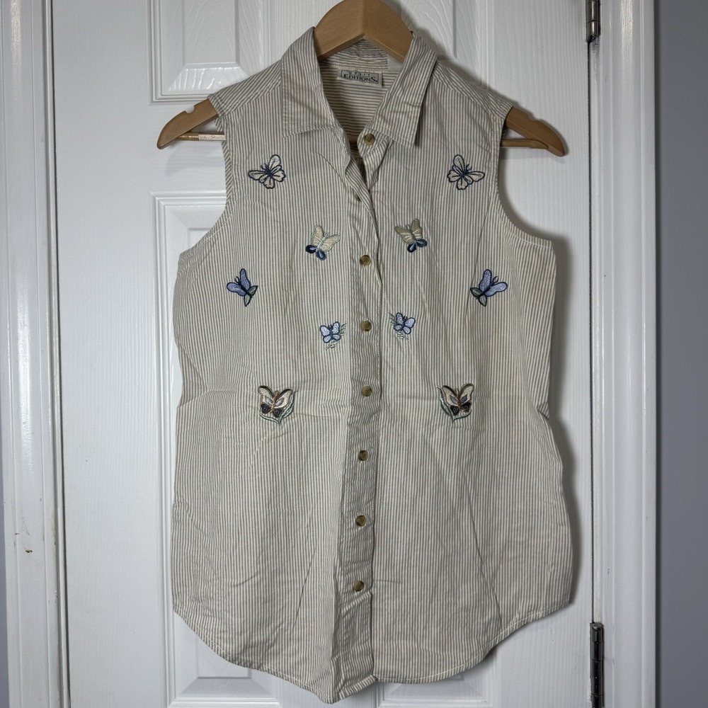 Basic Editions Womens Vest M Striped Sleeveless Spring Embroidered Butterfly